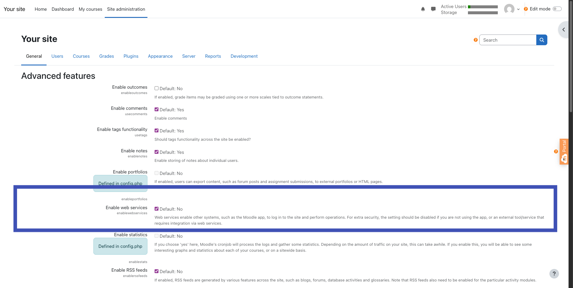Enrollait moodle integration Moodle Advanced features screen showing Enable web services