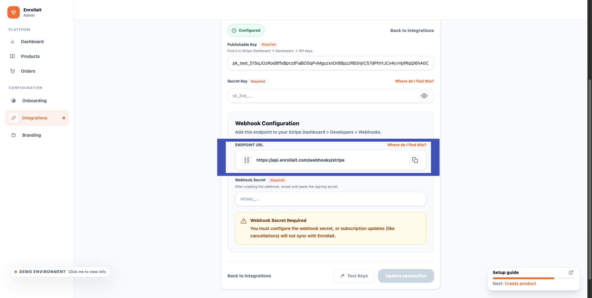 Enrollait stripe integration Webhook Endpoint URL