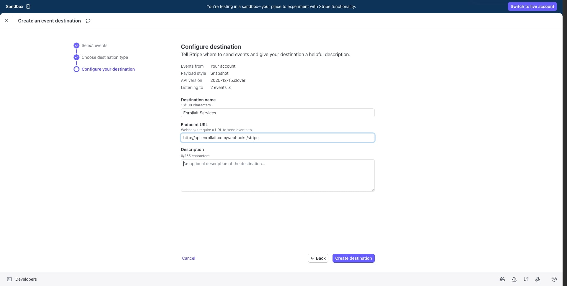 Enrollait stripe integration Webhook Endpoint URL