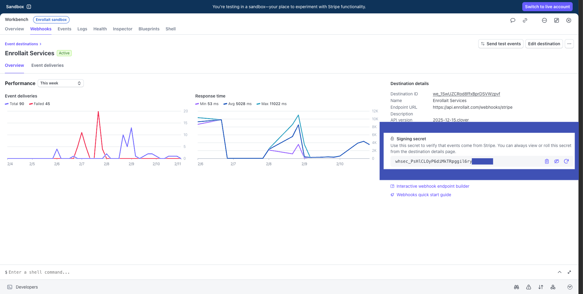 Enrollait stripe integration Webhook Endpoint URL